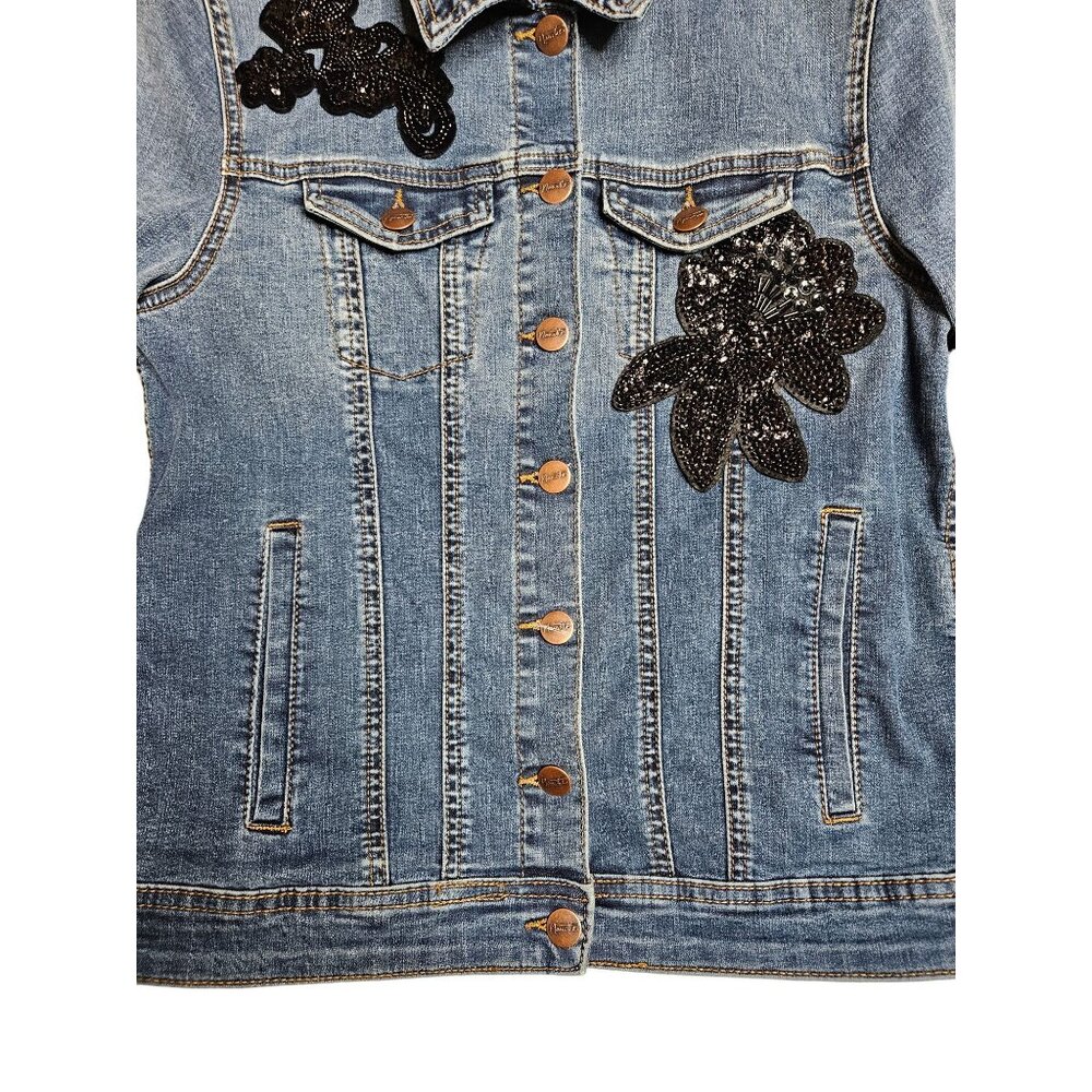 Nanette Lepore Womens XS Denim Button Jacket Black Sequin Floral Streetwear - Picture 9 of 11